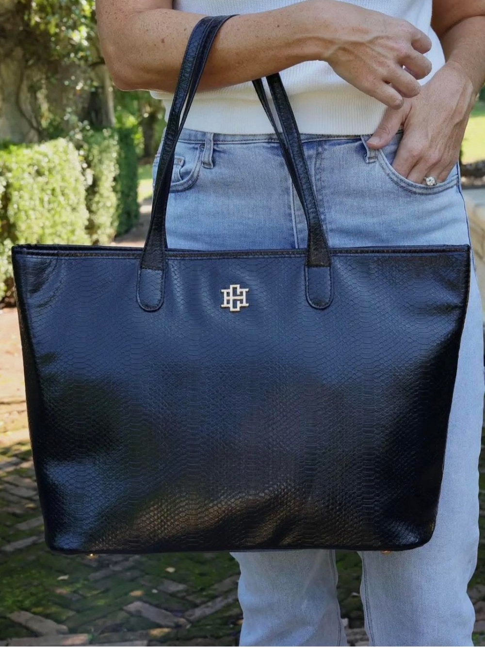 Caroline Hill  Black Textured Leather Tote with Logo